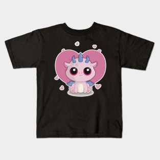 Cute Little Valentines Day Pink Dragon with Hearts in the Background Kids T-Shirt